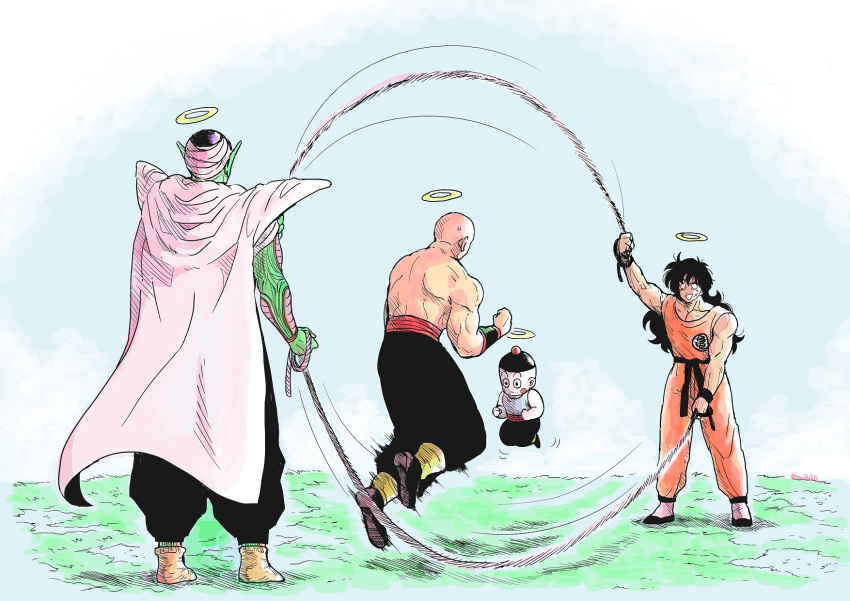4boys blue_sky chaozu commentary_request day dragon_ball dragon_ball_z grass halo highres japanese_clothes jump_rope jumping multiple_boys piccolo playing rope sky smile standing tanukichi_(spica1985) tenshinhan topless_male yamcha
