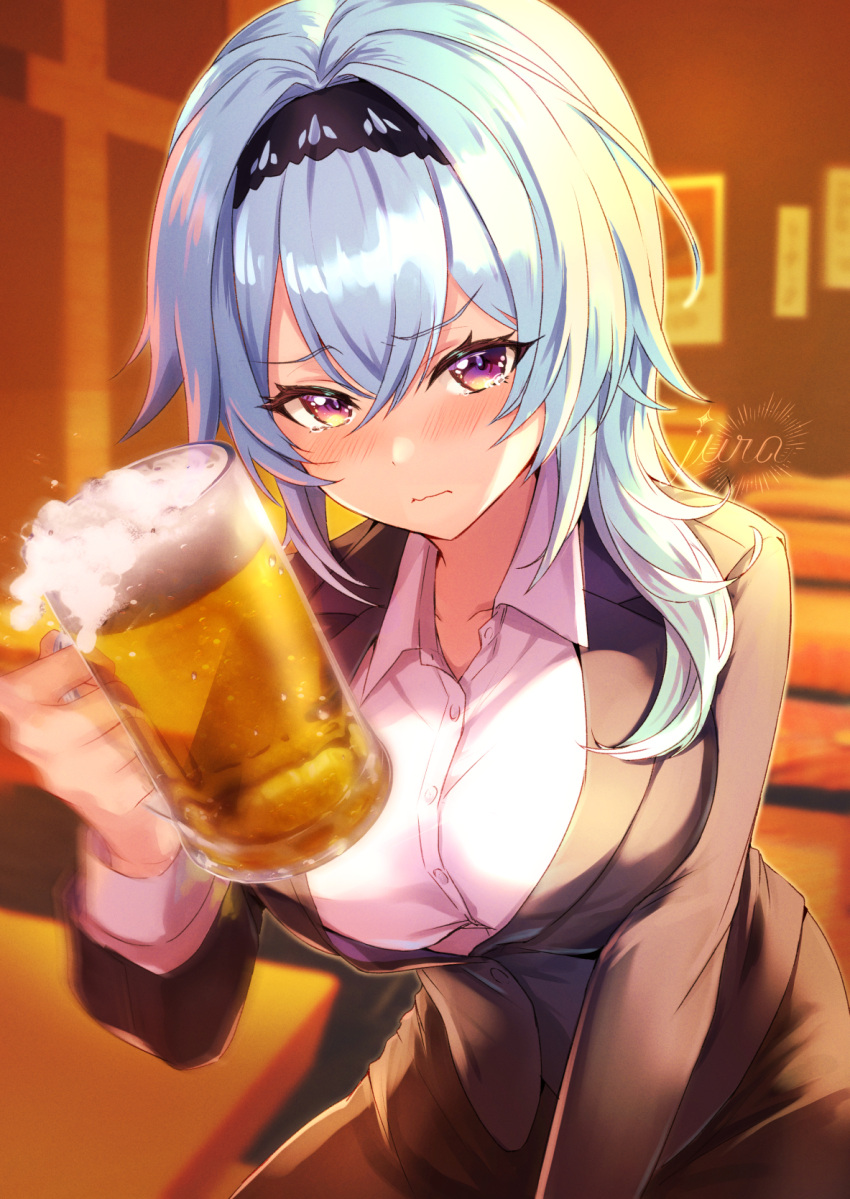 1girl alcohol alternate_costume beer blush breasts closed_mouth collared_shirt crying crying_with_eyes_open cup drink drinking_glass eula_(genshin_impact) formal genshin_impact hairband highres holding holding_drink jura large_breasts looking_at_viewer medium_hair office_lady pantyhose pencil_skirt sad shirt sitting skirt solo suit tears wavy_mouth