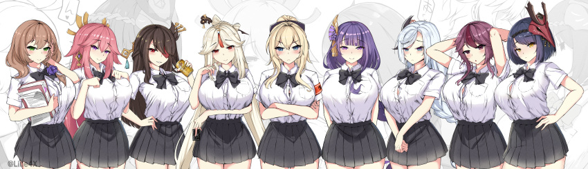 6+girls :o absurdres alternate_costume animal_ears armband arms_behind_back arms_behind_head arms_under_breasts beidou_(genshin_impact) black_bow black_bowtie black_hair black_skirt blonde_hair blue_eyes blue_hair book bow bowtie braid braided_ponytail breasts brown_hair button_gap can card closed_mouth collared_shirt cowboy_shot earrings eyebrows_visible_through_hair eyepatch flower fox_ears frown genshin_impact green_eyes hair_flower hair_ornament hair_over_shoulder hair_stick hair_tassel hand_on_hip highres holding holding_book holding_can holding_card holding_clothes holding_panties holding_underwear jean_(genshin_impact) jewelry kujou_sara large_breasts line4x lisa_(genshin_impact) long_hair looking_at_viewer multicolored_hair multiple_girls ningguang_(genshin_impact) panties parted_lips pink_hair ponytail purple_hair raiden_shogun red_eyes redhead rosaria_(genshin_impact) school_uniform shenhe_(genshin_impact) shirt shirt_tucked_in short_hair short_hair_with_long_locks short_sleeves silver_hair skirt smile streaked_hair tented_shirt underwear violet_eyes vision_(genshin_impact) white_shirt yae_miko yellow_eyes zoom_layer