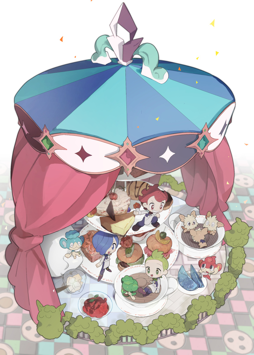 3boys absurdres apron blue_hair brown_footwear chili_(pokemon) cilan_(pokemon) cress_(pokemon) cup green_hair grin highres male_focus mimura_(nnnnnnnnmoo) multiple_boys open_mouth panpour pansage pansear pants pokemon pokemon_(game) pokemon_bw redhead saucer shirt shoes short_hair sitting smile standing symbol-only_commentary teacup teeth vest waist_apron white_apron