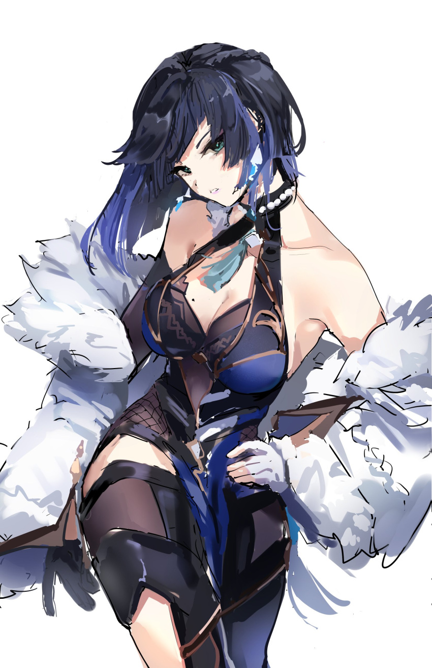 1girl absurdres black_hair blue_hair bob_cut breasts genshin_impact green_eyes highres japanese_clothes jewelry looking_at_viewer meltyrice mole mole_on_breast multicolored_hair necklace revealing_clothes short_hair solo thigh-highs yelan_(genshin_impact)