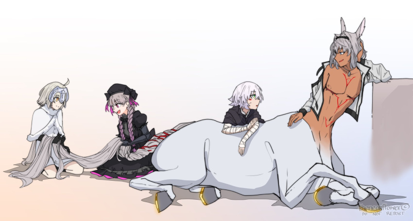 1boy 3girls :d :o ahoge animal_ears arm_rest bandaged_arm bandages bangs beret black_bow black_cloak black_dress black_gloves black_hairband black_headwear black_legwear blue_eyes blush_stickers body_markings bow braid braided_tail caenis_(fate) capelet centaur character_request cloak collarbone dark_skin dress elbow_gloves english_commentary eyebrows_visible_through_hair fate/grand_order fate_(series) frilled_dress frills full_body fur-trimmed_capelet fur_trim genderswap genderswap_(ftm) gloves gradient_hair green_eyes hair_between_eyes hair_bow hair_intakes hairband hat headgear highres holding_tail hooves horse_tail jack_the_ripper_(fate/apocrypha) jacket kneeling long_hair long_sleeves looking_at_another monster_boy monsterification multicolored_hair multiple_girls multiple_legs navel off_shoulder open_clothes open_jacket open_mouth parted_lips pink_eyes shadow short_hair sidelocks simple_background single_bare_shoulder sitting smile socks stomach tail taur the_neon_flower twin_braids twitter_username white_background white_capelet white_dress white_hair white_jacket