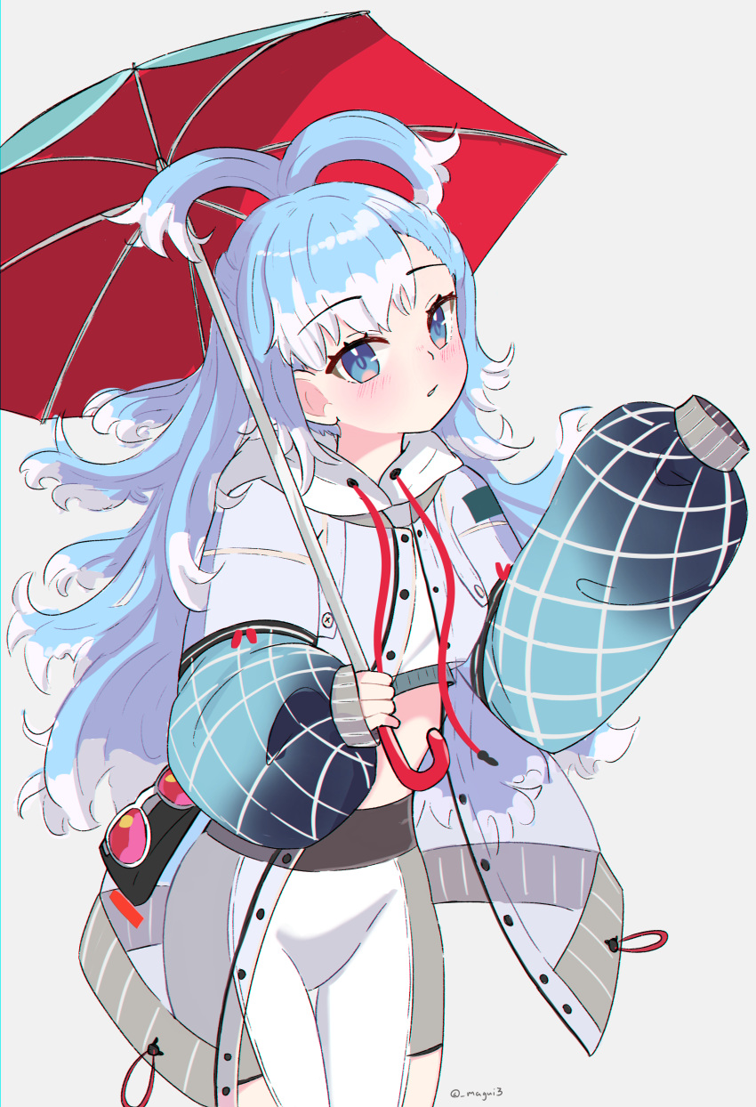 1girl absurdres blue_eyes blue_hair grey_background highres hololive hololive_indonesia kobo_kanaeru long_hair magui3 midriff pants raincoat sleeves_past_fingers sleeves_past_wrists tight tight_pants twitter_username umbrella virtual_youtuber