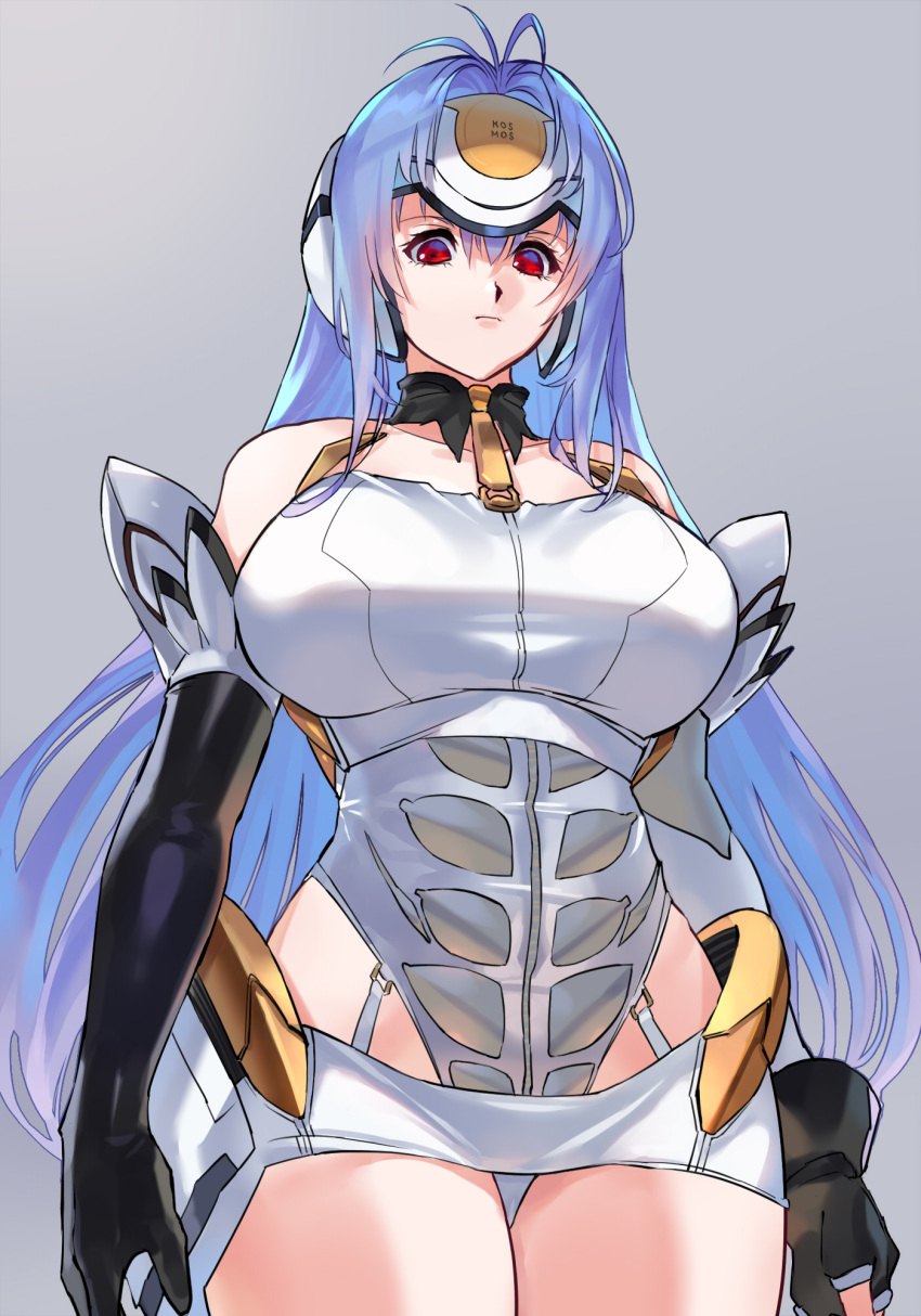 1girl ahoge android asymmetrical_gloves bare_shoulders black_gloves blue_hair breasts closed_mouth collarbone commentary_request cyborg elbow_gloves expressionless fingerless_gloves gloves grey_background halterneck headgear highleg highleg_leotard highres kos-mos large_breasts leotard long_hair looking_at_viewer microskirt negresco red_eyes simple_background skirt solo thighs white_leotard xenosaga