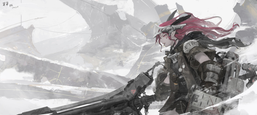 1girl absurdres choker dated gauntlets headgear highres holding holding_sword holding_weapon iridescent-usee long_hair original pointy_ears red_eyes redhead ruins scarf solo sword weapon wind