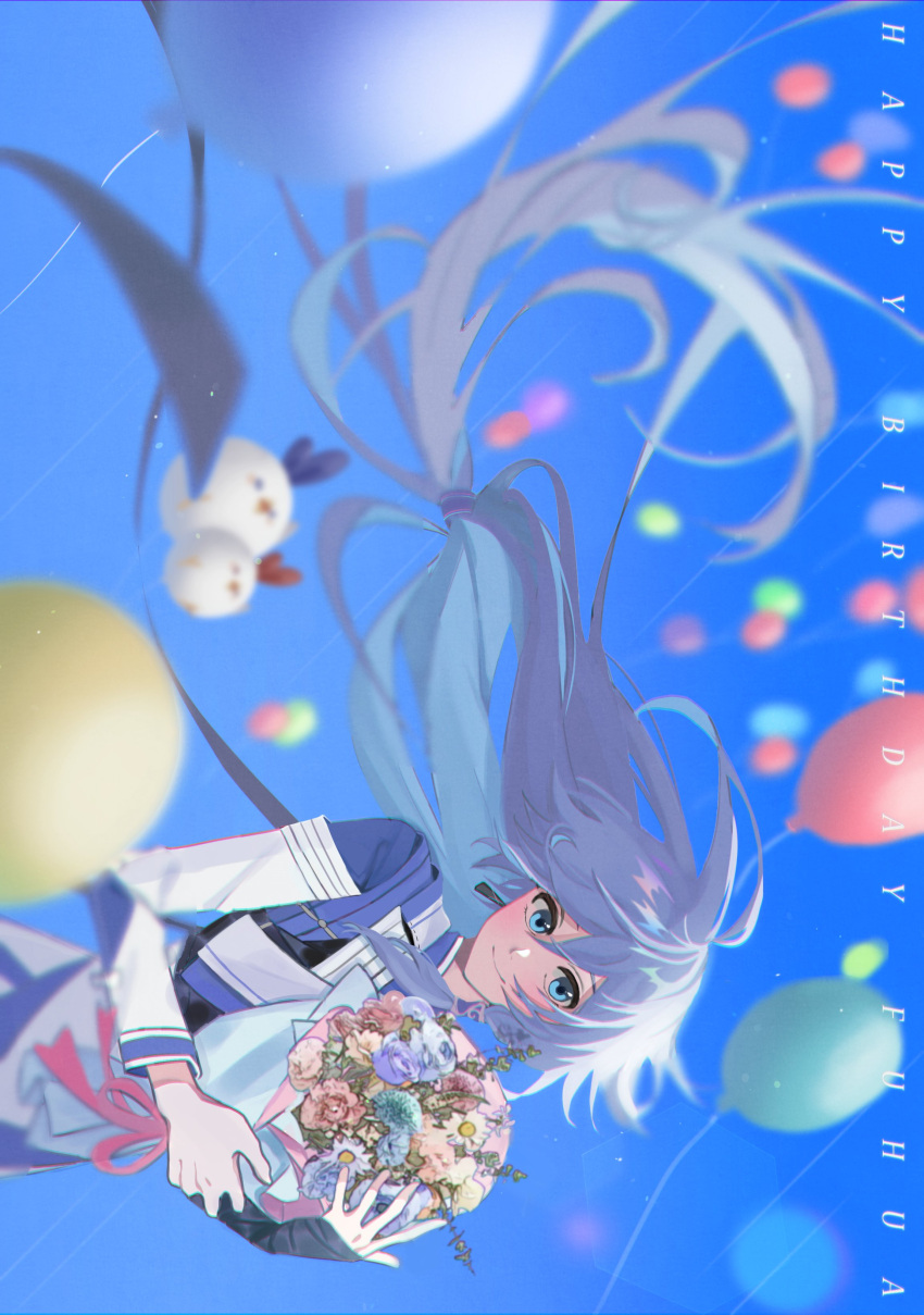1girl absurdres balloon bird black_hair blue_eyes blue_flower blue_sky bouquet chick chinese_clothes flower fu_hua fu_hua_(azure_empyrea) fukazzi_2nd happy_birthday highres holding holding_bouquet honkai_(series) honkai_impact_3rd long_hair long_sleeves looking_at_viewer outdoors pink_flower shirt sky smile solo white_flower white_shirt