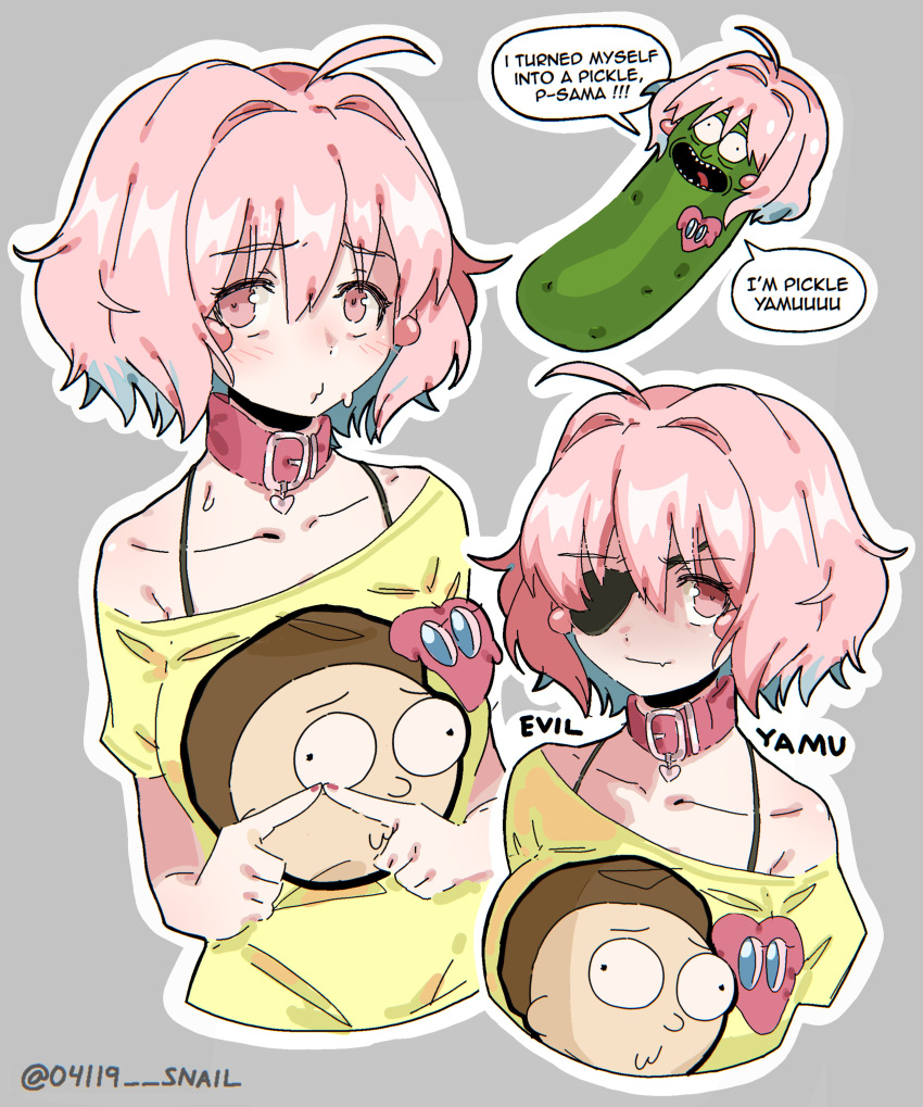 04119_snail 1girl absurdres ahoge collar earrings eyepatch fang grey_background highres idolmaster idolmaster_cinderella_girls index_fingers_together jewelry looking_at_viewer morty_smith multiple_views o3o off-shoulder_shirt off_shoulder pickle pickle_rick pink_collar pink_eyes pink_hair rick_and_morty shirt short_hair skin_fang yumemi_riamu