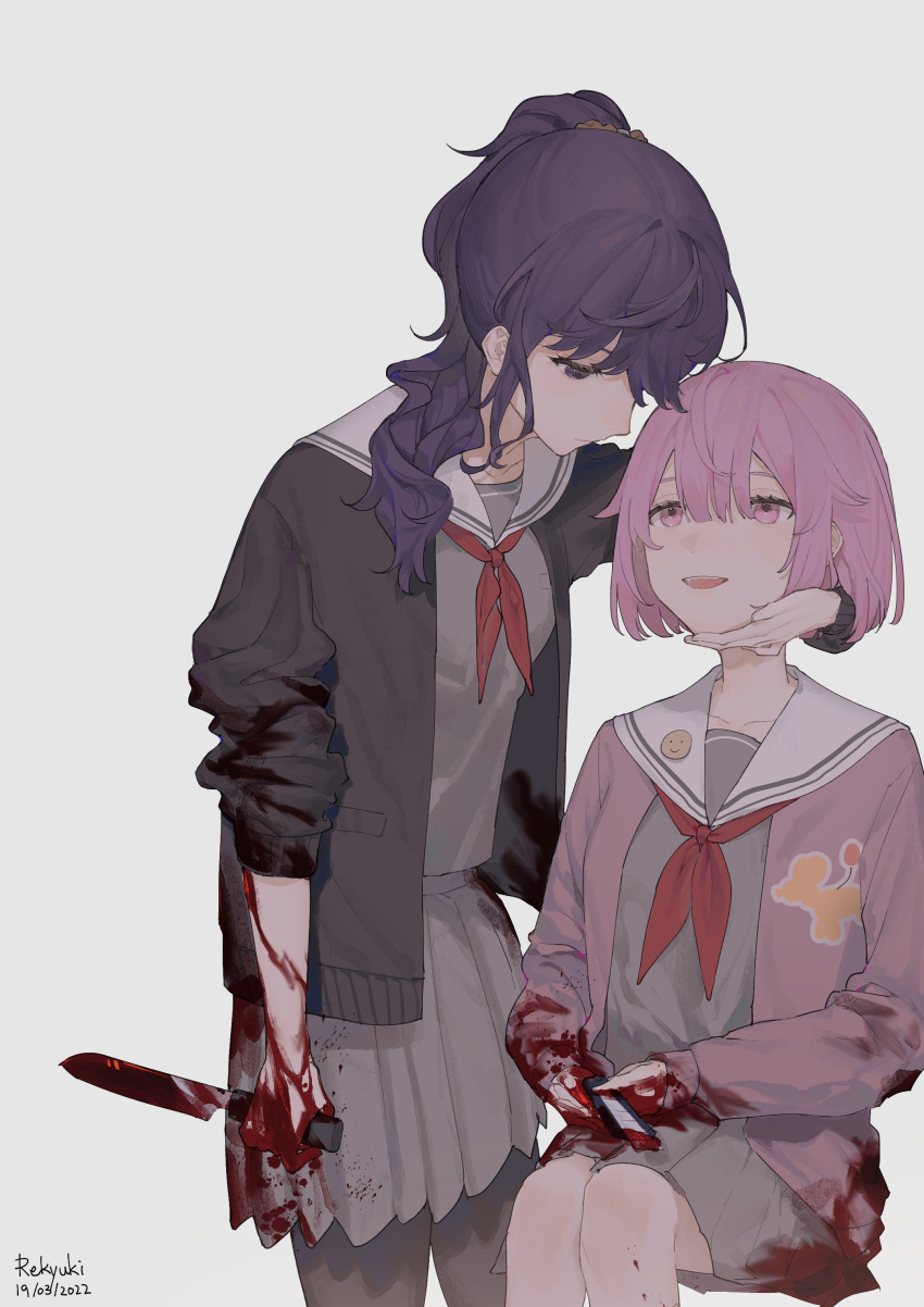 2girls absurdres blood empty_eyes expressionless hand_on_another's_face highres holding holding_knife jacket knife multiple_girls out_of_character pink_hair ponytail project_sekai purple_hair re_kyu school_uniform short_hair sleeves_rolled_up smile white_background