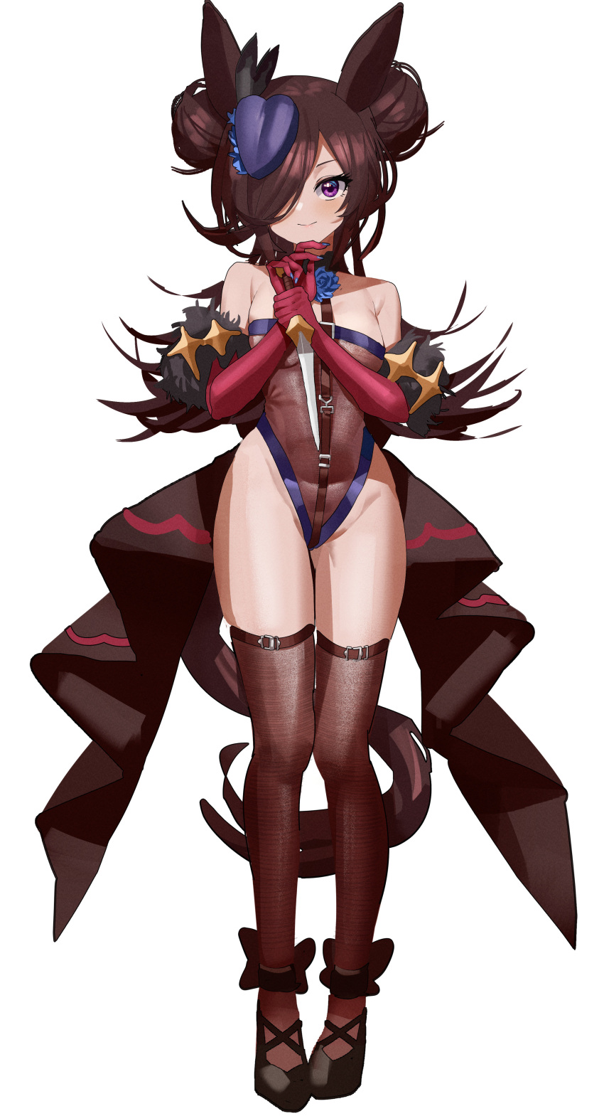 1girl absurdres animal_ears bare_shoulders blue_nails breasts brown_hair brown_legwear brown_leotard closed_mouth dagger double_bun elbow_gloves feipin_zhanshi full_body gloves hair_over_one_eye highres holding holding_dagger holding_weapon horse_ears horse_tail knife leotard long_hair looking_at_viewer medium_breasts red_gloves rice_shower_(umamusume) shoes smile solo standing strapless strapless_leotard tail thigh-highs umamusume violet_eyes weapon