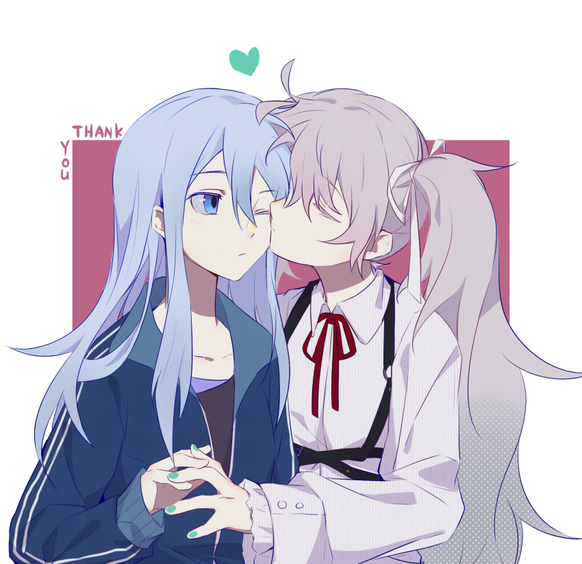 2girls blue_eyes blue_jacket chest_harness closed_mouth collarbone collared_dress double_horizontal_stripe dress fingernails flat_chest frilled_sleeves frills green_nails grey_hair hair_ribbon halftone harness hatsune_miku heart highres holding_hands interlocked_fingers jacket kiss kissing_cheek light_blush long_hair long_sleeves looking_at_another multiple_girls neck_ribbon one_eye_closed partially_unzipped project_sekai red_background red_ribbon ribbon serious silver_hair simple_background square track_jacket twintails two-tone_background upper_body very_long_hair vocaloid white_background white_dress white_ribbon ximuye yoisaki_kanade