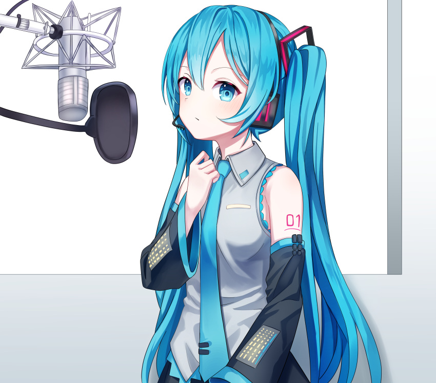 1girl absurdres arm_tattoo bangs black_sleeves blue_eyes blue_hair blue_necktie closed_mouth collared_shirt detached_sleeves grey_shirt hair_between_eyes hatsune_miku headphones headset highres ille_(xcpa7325) long_hair long_sleeves microphone necktie recording_studio shirt sleeveless sleeveless_shirt solo tattoo twintails upper_body very_long_hair vocaloid wing_collar