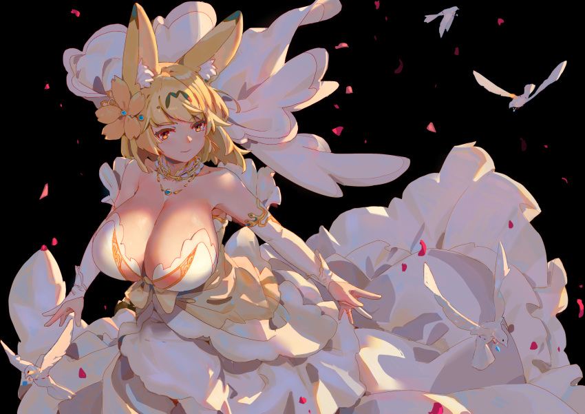 1girl absurdres alternate_breast_size alternate_costume animal animal_ear_fluff animal_ears bare_shoulders bird black_background blonde_hair boy_(pixiv17542438) breasts bridal_gauntlets bridal_veil bride brown_hair closed_mouth dove dress flower hair_flower hair_ornament highres huge_breasts jewelry kemono_friends light_smile long_dress looking_to_the_side medium_hair multicolored_hair necklace older outstretched_arms petals serval_(kemono_friends) simple_background solo_focus strapless strapless_dress two-tone_hair veil wedding_dress white_dress yellow_eyes