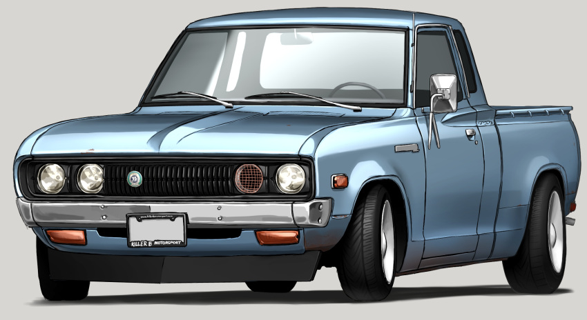 car datsun grey_background ground_vehicle headlight highres motor_vehicle no_humans original pickup_truck shadow solo vehicle_focus wheel xyv_1