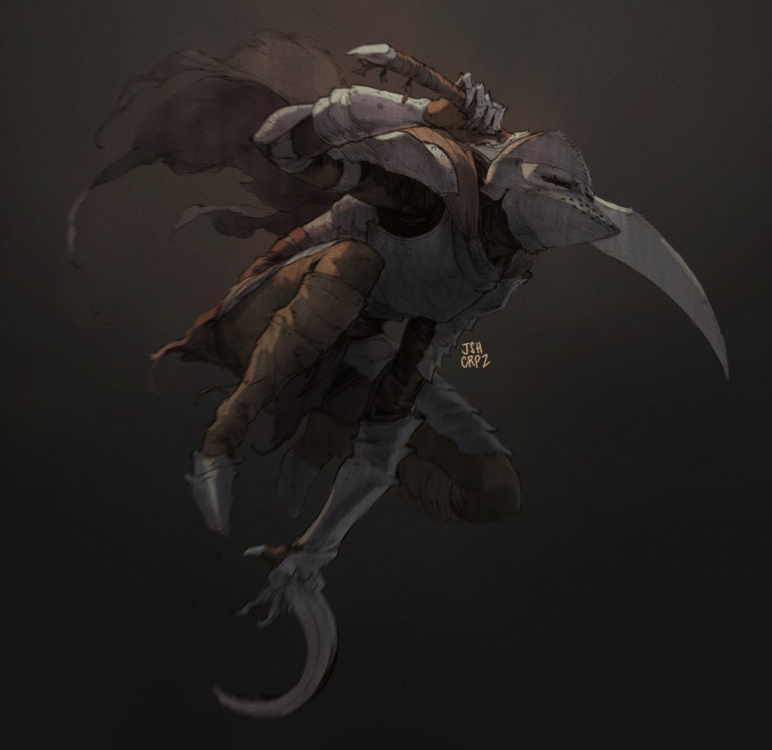 1other ambiguous_gender armor bloodhound_knight breastplate brown_pants cape claw_(weapon) elden_ring gauntlets greaves grey_cape helmet highres holding holding_sword holding_weapon josh_corpuz jumping pants signature solo sword weapon