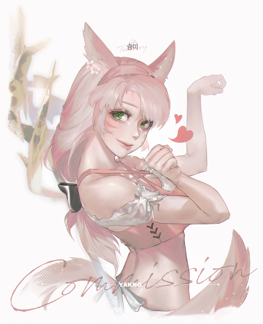 1girl animal_ears artist_name avatar_(ff14) bare_shoulders black_bow bow cat_ears cat_tail closed_mouth commission english_text facial_hair facial_mark final_fantasy final_fantasy_xiv flower frills green_eyes hair_bow hair_flower hair_ornament heart highres long_hair looking_at_viewer mayak666 miqo'te paw_pose pink_hair pink_lips slit_pupils smile solo tail whisker_markings white_flower