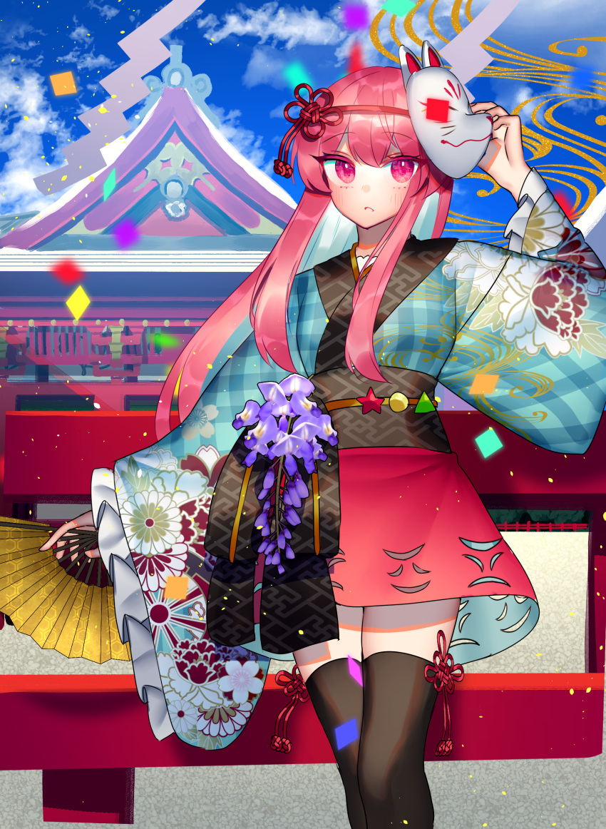 1girl absurdres architecture black_legwear blue_kimono blush building circle clouds commentary day east_asian_architecture eyebrows_visible_through_hair feet_out_of_frame floral_print flower fox_mask hand_fan hand_up hata_no_kokoro highres holding holding_fan japanese_clothes kanou_(natsuno0223) kimono lavender_(flower) long_hair looking_at_viewer mask mask_on_head open_mouth pink_eyes pink_hair pink_skirt plaid_kimono purple_flower shrine sidelocks skirt sky solo split_mouth star_(symbol) thigh-highs touhou triangle