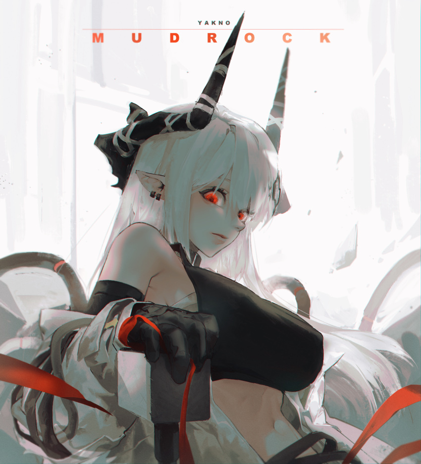 1girl arknights artist_name bare_shoulders black_gloves black_horns breasts character_name closed_mouth coat covered_nipples earrings elbow_gloves eyes_visible_through_hair gloves highres horns jewelry large_breasts long_hair mayak666 mudrock_(arknights) navel open_clothes open_coat pointy_ears red_eyes single_bare_shoulder solo white_coat white_hair