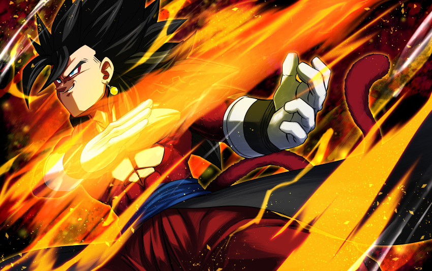 1boy absurdres black_hair body_fur dragon_ball dragon_ball_heroes earrings energy_blade energy_sword fighting_stance fusion gloves highres jewelry monkey_boy monkey_tail muscular muscular_male potara_earrings red_fur saiyan solo spiky_hair super_saiyan super_saiyan_4 sword tail vegetto vegetto_(xeno) weapon white_gloves yuuri_(fukuroudou)