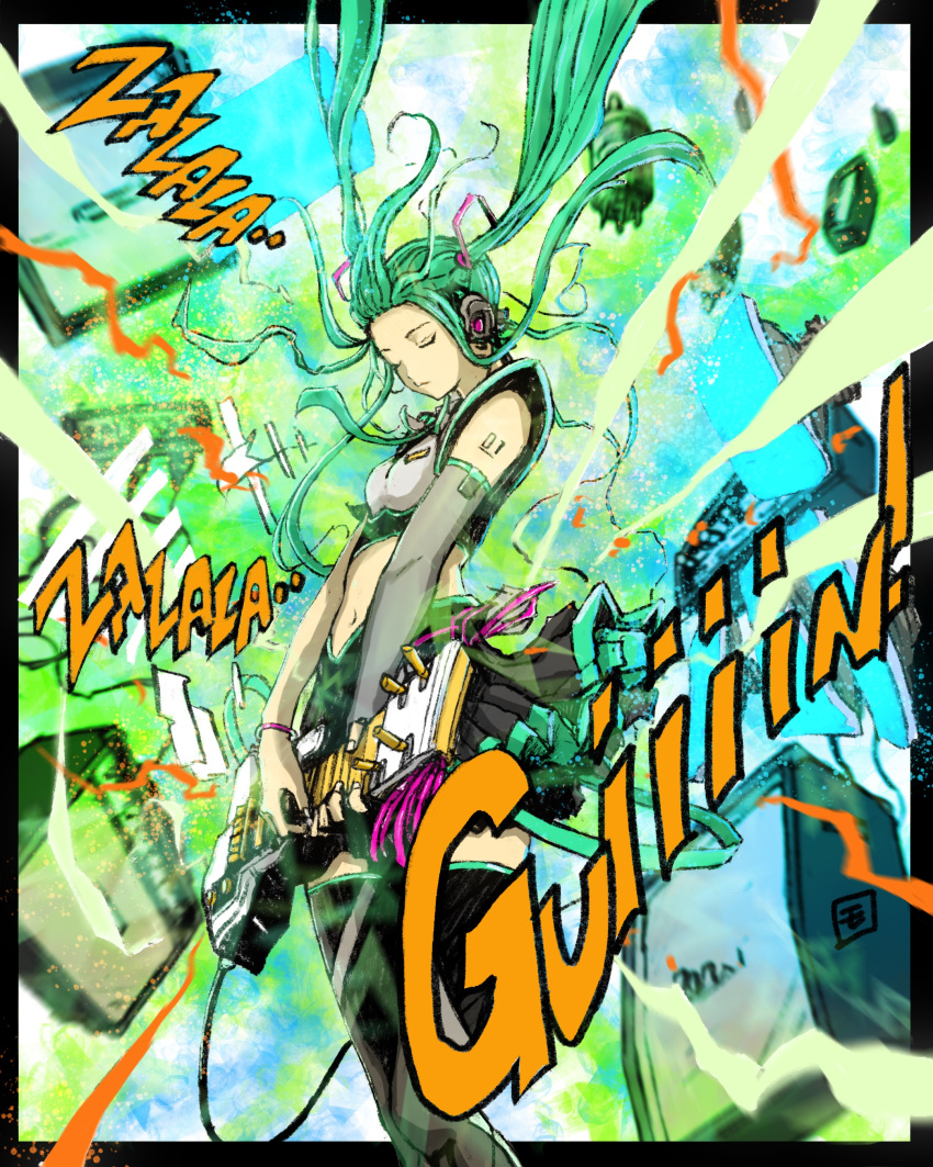 1girl absurdres adapted_costume amplifier bangs black_border black_footwear blue_hair boots border cable closed_eyes floating_hair guitar hatsune_miku highres holding holding_instrument instrument long_hair moyan procreate_(medium) solo thigh-highs thigh_boots twintails very_long_hair vocaloid