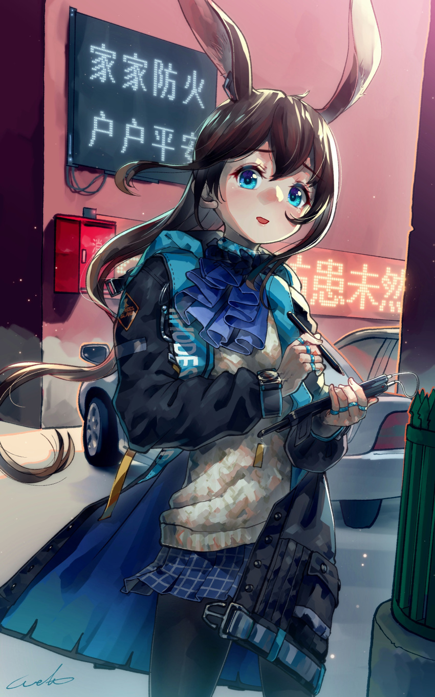 1girl :d absurdres amiya_(arknights) animal_ears arknights ascot black_legwear blue_ascot blue_collar blue_eyes blue_skirt blush brown_hair car clothes_writing coat collar cowboy_shot earpiece extra_ears ground_vehicle highres holding holding_pen holding_tablet_pc jewelry long_hair looking_at_viewer motor_vehicle multiple_rings open_clothes open_coat open_mouth outdoors pantyhose pen plaid plaid_skirt rabbit_ears ring sign signature skirt smile solo sweater tablet_pc welt_(kinsei_koutenkyoku) white_coat white_sweater