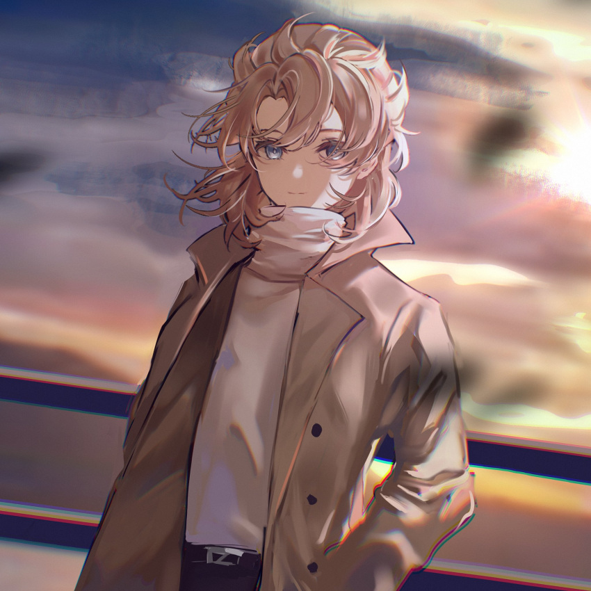 1boy albedo_(genshin_impact) androgynous blonde_hair blue_eyes clouds cloudy_sky coat cocona_w genshin_impact hands_in_pockets highres long_sleeves looking_at_viewer male_focus pants shirt sky smile solo sunset white_shirt