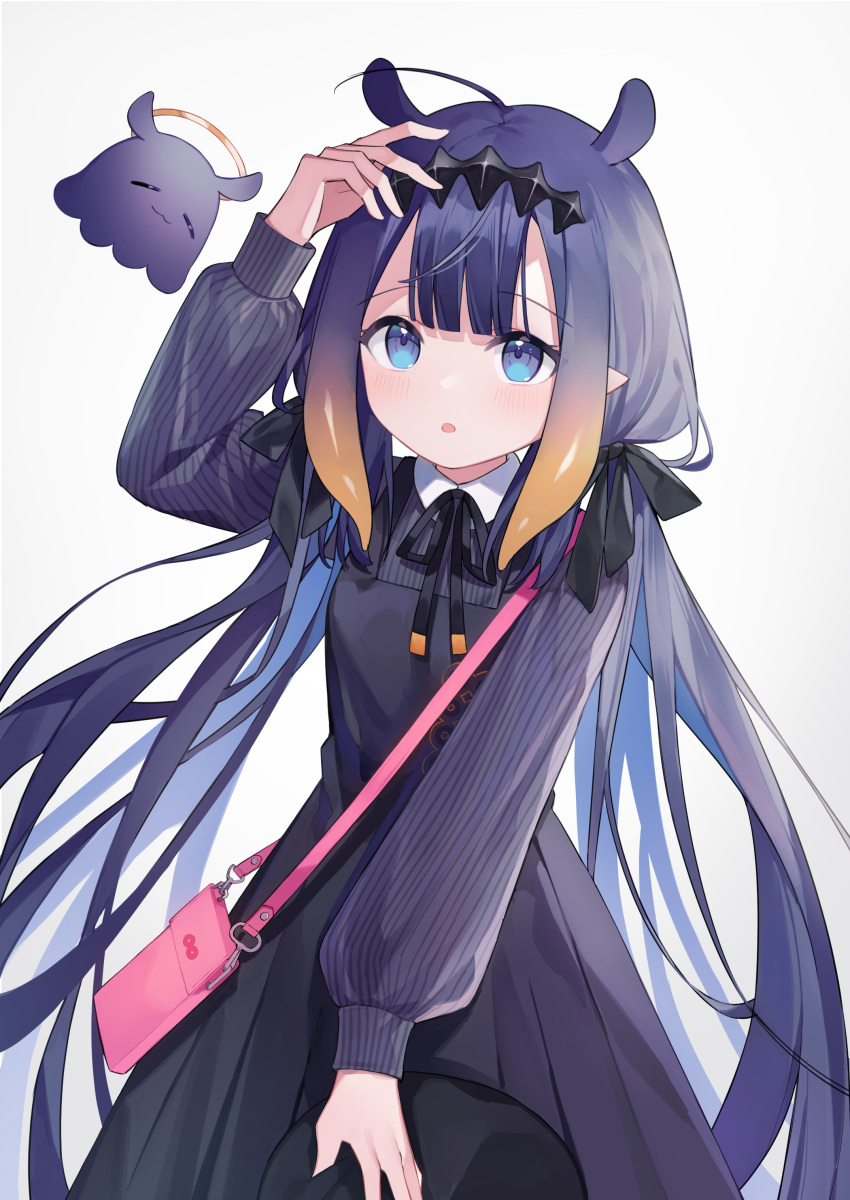 1girl :o absurdres ahoge bag bangs black_dress black_headwear black_ribbon blue_eyes commentary dress hair_ribbon hat hat_removed headwear_removed highres holding holding_clothes holding_hat hololive hololive_english long_sleeves low_twintails ninomae_ina'nis official_alternate_costume open_mouth pleated_dress pointy_ears puffy_long_sleeves puffy_sleeves ribbon shiroraku simple_background solo tako_(ninomae_ina'nis) twintails virtual_youtuber white_background