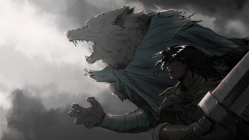 absurdres animal_ears black_hair blaidd_the_half-wolf blue_cape cape closed_mouth clouds cloudy_sky dark-skinned_male dark_skin elden_ring from_side furry furry_male gauntlets grey_sky highres holding holding_sword holding_weapon long_hair male_focus open_mouth sky sword tarnished_(elden_ring) vnonymous weapon