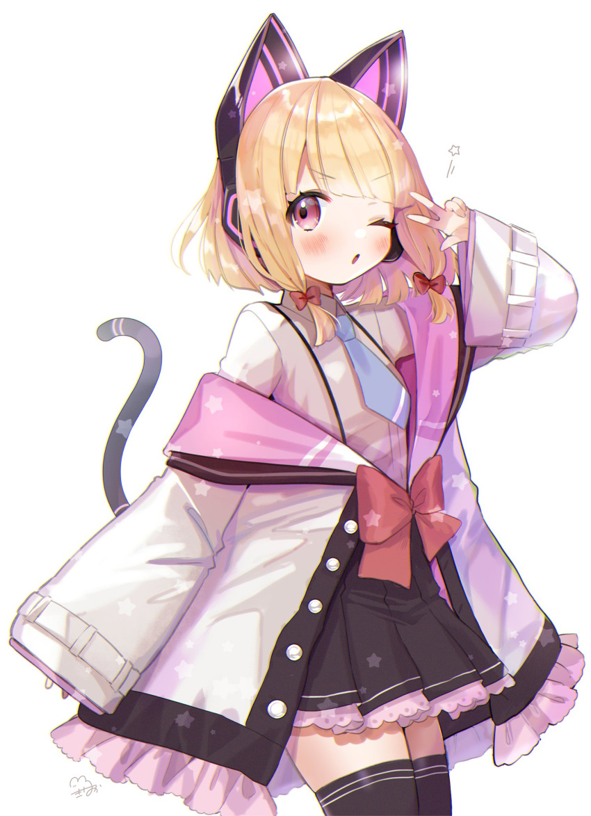 0x0_srnk 1girl asymmetrical_bangs bangs black_legwear black_skirt blonde_hair blue_archive blue_necktie blush bow breasts cat_ear_headphones cat_tail eyebrows_visible_through_hair frilled_skirt frills hair_bow hand_up headphones highres jacket long_sleeves looking_at_viewer medium_hair momoi_(blue_archive) necktie one_eye_closed open_clothes open_jacket open_mouth pink_eyes pleated_skirt red_bow shirt simple_background skirt sleeves_past_wrists small_breasts solo tail thigh-highs w_over_eye white_background white_jacket white_shirt wide_sleeves