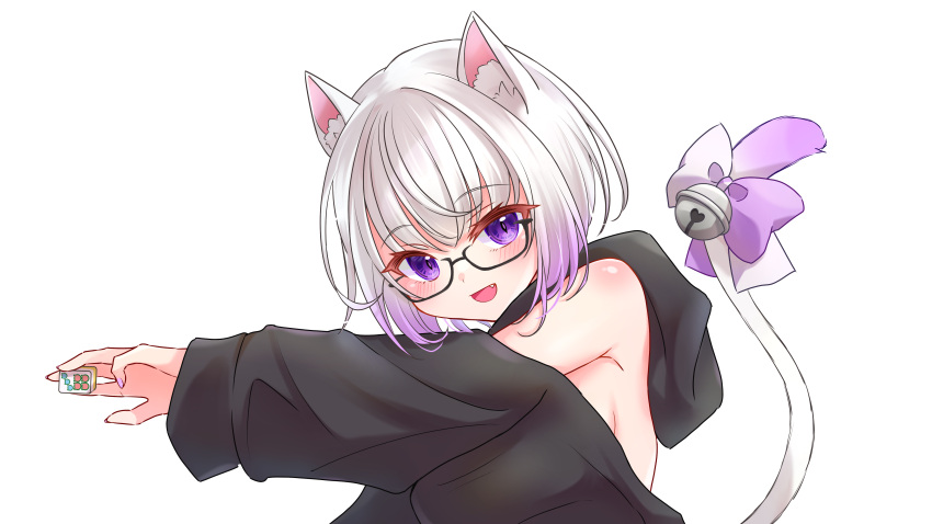 1girl absurdres animal_ear_fluff animal_ears bare_shoulders bell black_coat blush bow breasts cat_ears cat_girl cat_tail coat commentary commission fang glasses gradient_hair highres indie_virtual_youtuber long_sleeves looking_at_viewer mahjong mahjong_tile medium_breasts medium_hair multicolored_hair null_maru purple_bow purple_hair satou_namu_(vtuber) silver_hair simple_background skeb_commission smile solo tail violet_eyes virtual_youtuber white_background white_bow