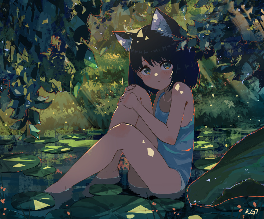 1girl :o animal_ear_fluff animal_ears bare_legs bare_shoulders barefoot black_hair blush cat_ears english_commentary forest highres kgt_(pixiv12957613) leg_up lily_pad looking_at_viewer nature on_water original outdoors parted_lips partially_submerged shade short_hair signature sitting solo tank_top water
