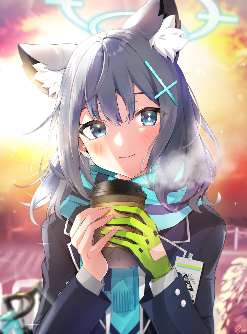 0x0_srnk 1girl absurdres animal_ear_fluff animal_ears black_gloves blazer blue_archive blue_eyes blue_jacket blue_necktie blue_scarf blurry blurry_background blush coffee_cup cross_hair_ornament cup disposable_cup earrings gloves green_gloves grey_hair hair_ornament halo highres holding holding_cup id_card jacket jewelry long_sleeves looking_at_viewer medium_hair mismatched_pupils necktie outdoors scarf school_uniform shiroko_(blue_archive) signature single_glove smile solo striped striped_scarf stud_earrings two-tone_gloves upper_body wolf_ears