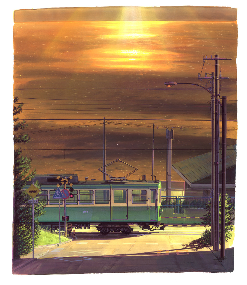 building commentary_request enoshima_electric_railway ground_vehicle highres no_humans ocean original outdoors painting_(medium) power_lines road road_sign rural scenery shonan211 sign street sunset traditional_media traffic_light train utility_pole vanishing_point water watercolor_(medium)