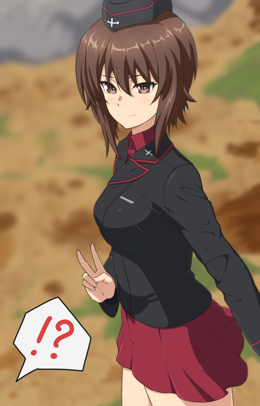 1girl ada_badguy blush breasts brown_eyes brown_hair closed_mouth eyebrows_visible_through_hair girls_und_panzer hat highres kuromorimine_military_uniform looking_at_viewer medium_breasts military military_uniform miniskirt nishizumi_maho outdoors pleated_skirt red_skirt shiny shiny_hair shiny_skin short_hair skirt smile solo standing uniform v