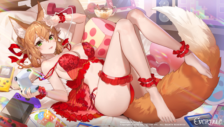1girl 2022 animal_ears ankle_garter artist_name babydoll bangs blonde_hair breasts company_name controller copyright evertale eyebrows_visible_through_hair fox_ears fox_girl fox_tail game_controller green_eyes hair_between_eyes highres holding holding_controller holding_game_controller large_breasts leg_garter legs_up lingerie looking_at_viewer lying nightgown official_art on_back on_bed open_mouth panties red_babydoll red_nightgown red_panties short_hair side-tie_panties solo tail teffish underwear