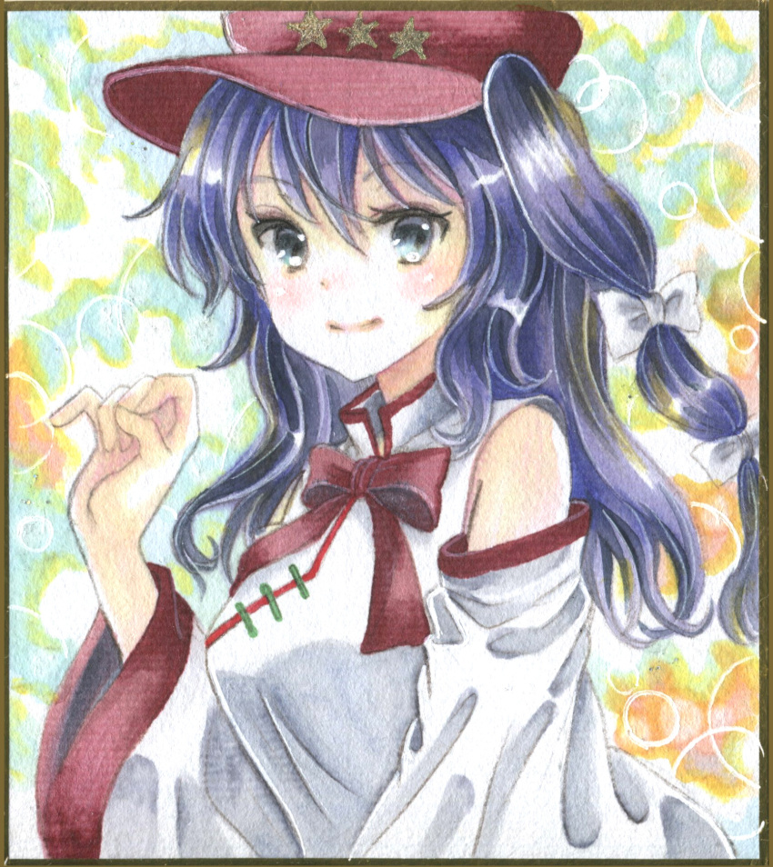 1girl blue_eyes blush bow bowtie breasts cabbie_hat closed_mouth commentary_request dolls_in_pseudo_paradise flat_cap hair_bow hajike_akira happy hat hat_ornament highres label_girl_(dipp) long_hair long_sleeves looking_at_viewer mandarin_collar medium_breasts photo_(medium) purple_hair red_bow red_bowtie red_headwear side_ponytail smile star_(symbol) star_hat_ornament touhou traditional_media upper_body vest white_bow white_sleeves white_vest wide_sleeves