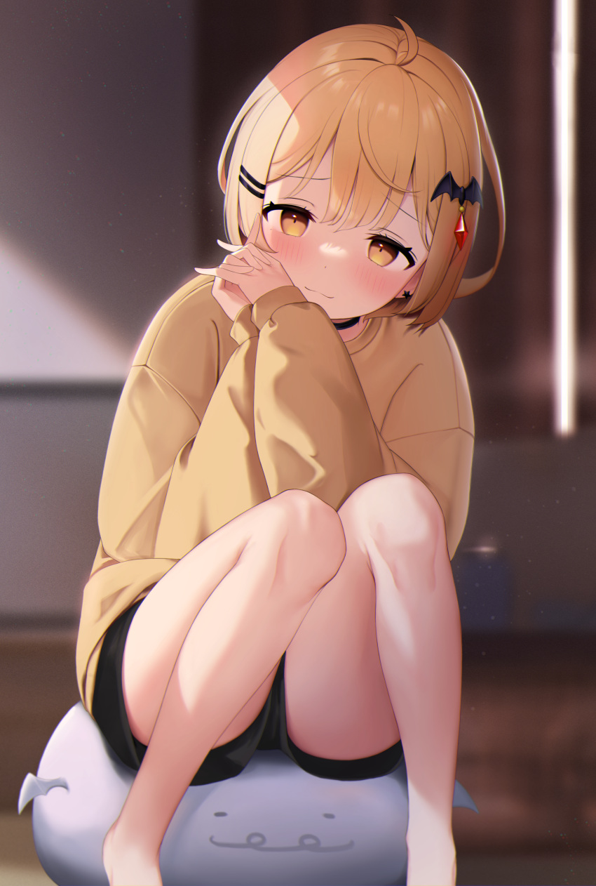 1girl absurdres bangs bare_legs bat_hair_ornament black_shorts blonde_hair blush closed_mouth eyebrows_visible_through_hair feet_out_of_frame hair_ornament highres hololive knees_together_feet_apart long_sleeves looking_at_viewer own_hands_clasped own_hands_together shiranai02 short_hair short_shorts shorts sitting solo sweater virtual_youtuber yellow_eyes yellow_sweater yozora_mel