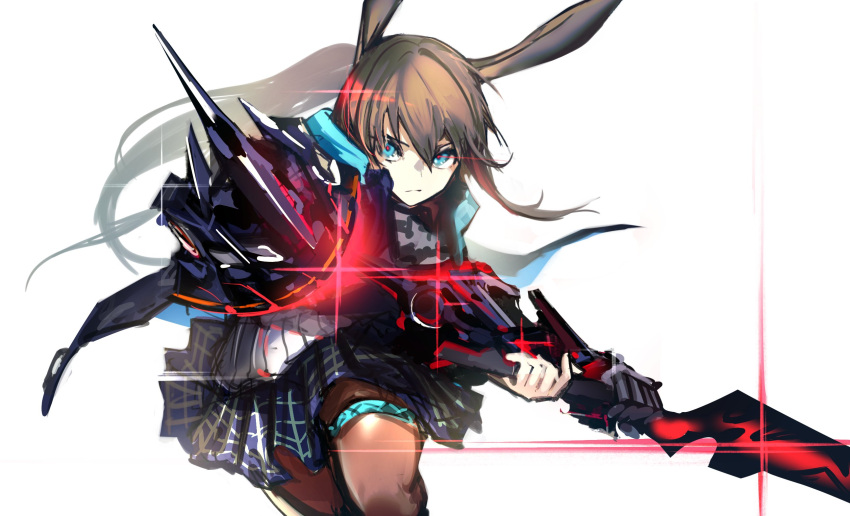 1girl amiya_(arknights) amiya_(guard)_(arknights) animal_ears arknights black_jacket black_legwear blue_eyes blue_skirt brown_hair cowboy_shot fixro2n glowing glowing_eye glowing_sword glowing_weapon highres holding holding_sword holding_weapon jacket long_hair looking_at_viewer official_alternate_costume open_clothes open_jacket pantyhose plaid plaid_skirt pleated_skirt ponytail rabbit_ears shirt simple_background skirt solo sword thigh_strap two-handed_sword weapon white_background white_shirt