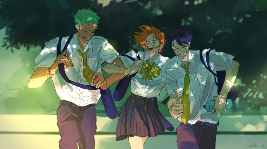 ^_^ ^o^ alternate_universe avenoirn bag black_hair closed_eyes dappled_sunlight green_hair highres monkey_d._luffy nami_(one_piece) necktie one_piece orange_hair plant ribbon roronoa_zoro school_uniform short_hair sunlight