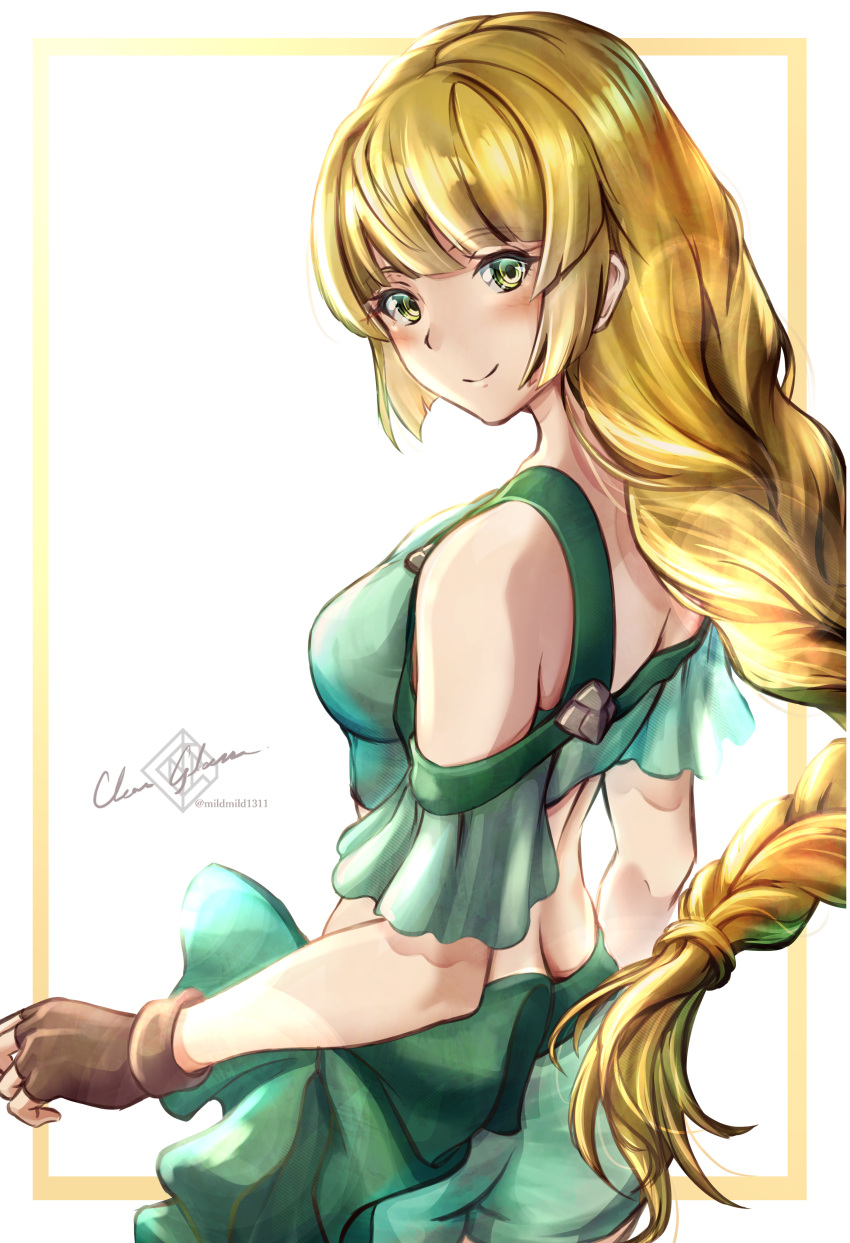 1girl absurdres artist_name ass bangs bare_shoulders bikini bikini_shorts blonde_hair blush braid breasts butt_crack clear_glass_(mildmild1311) closed_mouth duplicate eyebrows_visible_through_hair fingerless_gloves fire_emblem fire_emblem:_three_houses fire_emblem_heroes fish gloves hair_ornament highres ingrid_brandl_galatea lips long_hair looking_at_viewer looking_back medium_breasts off-shoulder_bikini off_shoulder official_alternate_costume outside_border pixel-perfect_duplicate shiny shiny_hair shiny_skin shorts simple_background single_braid smile solo standing swimsuit tied_hair twitter_username upper_body very_long_hair white_background