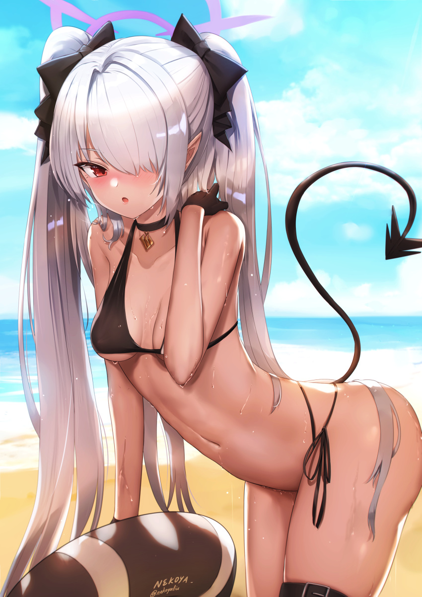 1girl absurdres artist_name bangs bikini black_bikini black_bow blue_archive blue_sky blush bow clouds commentary_request day demon_tail grey_hair hair_bow hair_over_one_eye halo highres horizon innertube iori_(blue_archive) leaning_forward nekoya_(liu) ocean open_mouth outdoors pointy_ears red_eyes side-tie_bikini signature sky solo standing swimsuit tail twintails twitter_username water