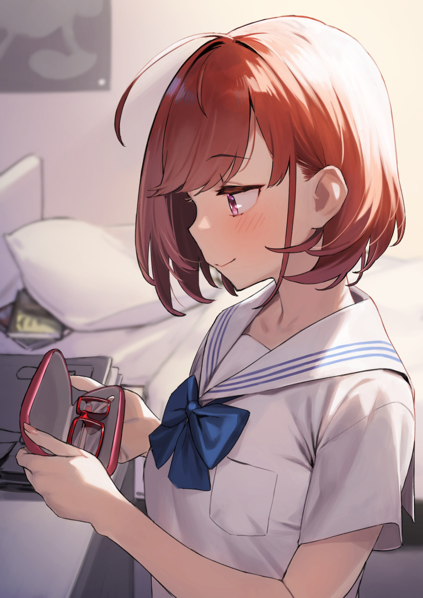 1girl 92m absurdres ahoge blush closed_mouth commentary_request eyebrows_visible_through_hair glasses highres holding kinshi_no_ane original pink_eyes red-framed_eyewear redhead sailor_collar school_uniform short_hair short_sleeves smile solo upper_body white_sailor_collar younger