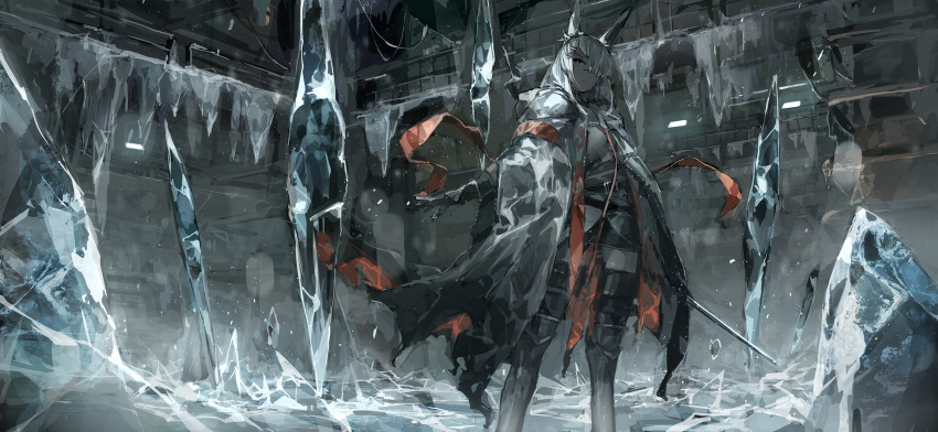 1girl animal_ears arknights armband black_gloves black_legwear black_skirt coat feet_out_of_frame frostnova_(arknights) gloves grey_eyes grey_hair grey_shirt hair_ornament hair_over_one_eye hairclip highres holding holding_sword holding_weapon ice ice_crystal looking_at_viewer open_clothes open_coat orange_ribbon originium_(arknights) ph. rabbit_ears ribbon scar scar_on_face scar_on_nose shirt skirt solo sword thigh-highs v-shaped_eyebrows weapon white_coat