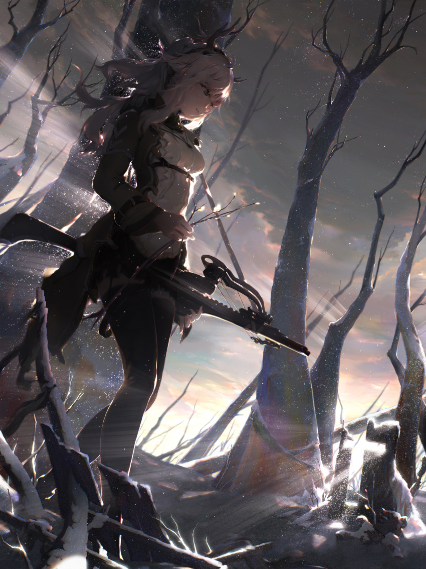 1girl absurdres antlers arknights backlighting bangs bare_tree black_gloves black_legwear black_shorts branch breasts clouds crossbow day dutch_angle fingerless_gloves firewatch_(arknights) forest gloves grey_hair highres hiya_(user_dvyd4375) holding holding_branch jacket legwear_under_shorts light_particles light_rays light_smile long_hair long_sleeves nature outdoors pantyhose shirt shorts sky solo sunlight tree walking weapon white_shirt