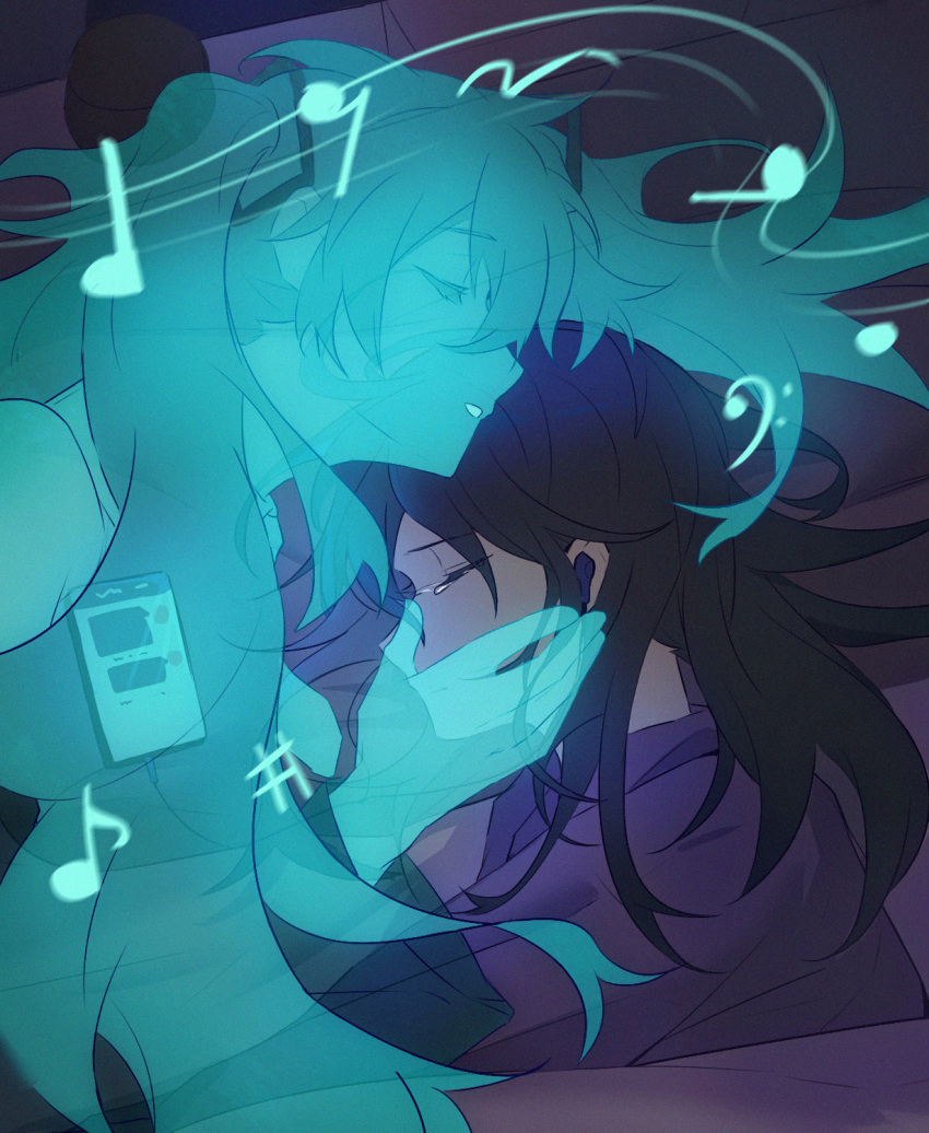 2girls bass_clef bed bed_sheet black_hair cellphone closed_eyes closed_mouth crying earphones earphones eighth_note eyebrows_visible_through_hair eyes_visible_through_hair floating_hair from_above glowing hand_on_another's_cheek hand_on_another's_face hatsune_miku head_kiss highres hologram hoshino_ichika_(project_sekai) indoors listening_to_music long_hair lying messy_hair motion_blur multiple_girls music musical_note nape on_bed on_side pajamas parted_lips phone phone_screen pillow profile project_sekai quarter_note sad sharp_sign smartphone staff_(music) tears transparent twintails under_covers very_long_hair vocaloid ximuye