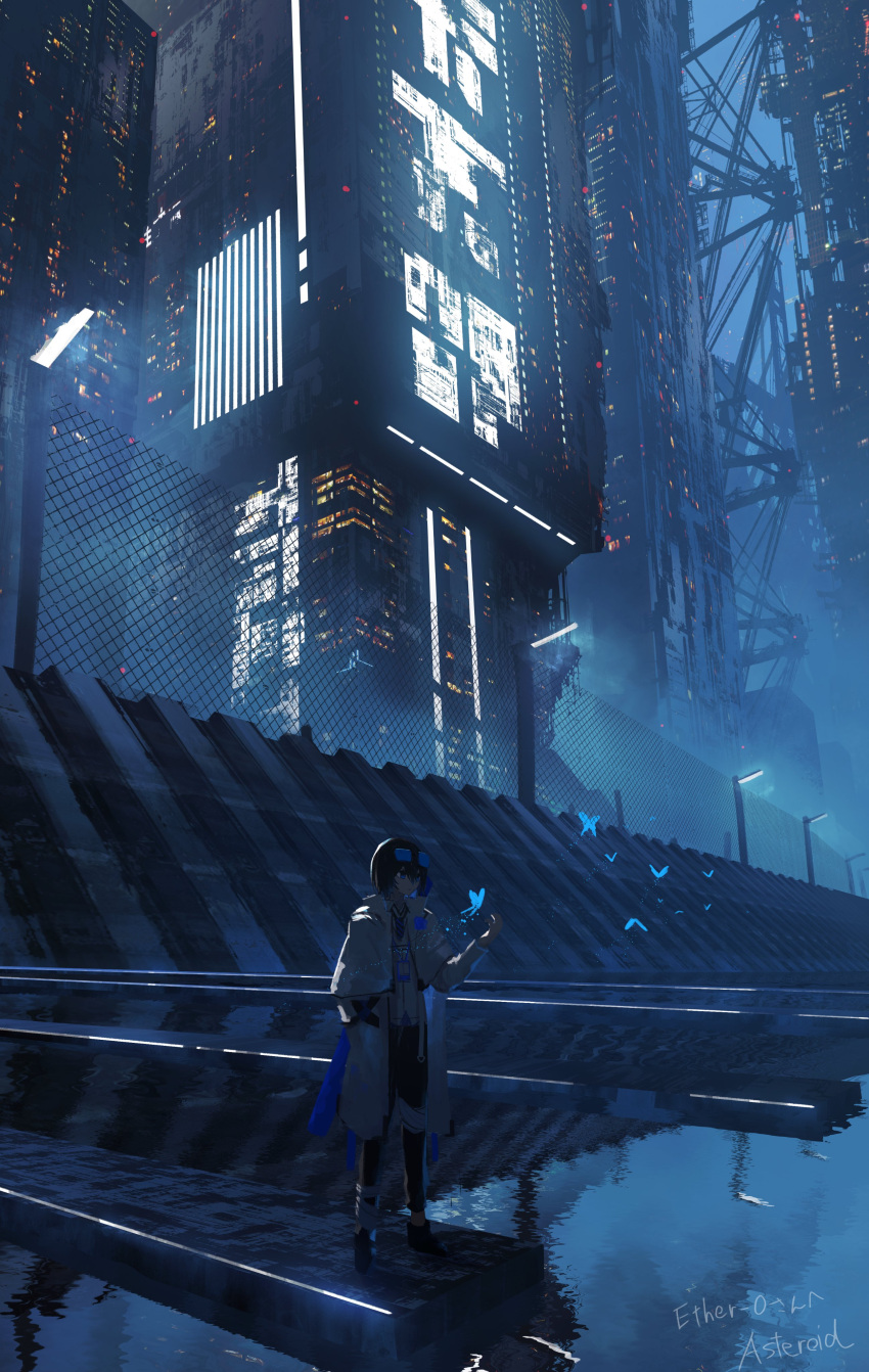 1girl absurdres architecture asteroid_ill black_hair bug building butterfly city city_lights cityscape dock fence highres ledge night night_sky original outdoors scenery sky skyscraper solo water