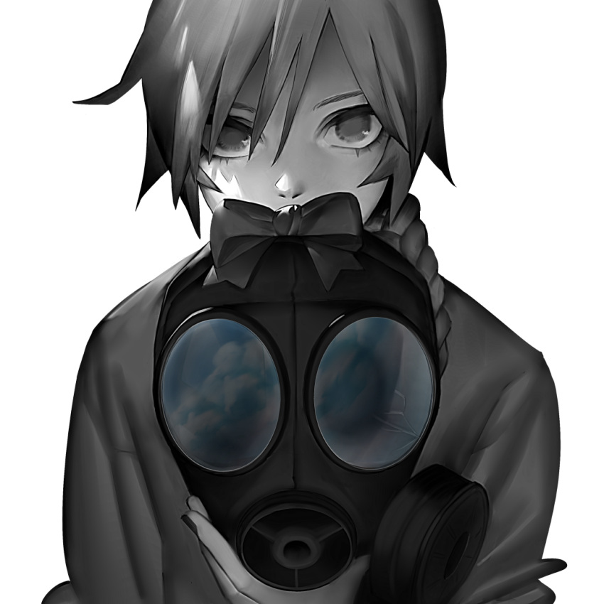 1girl bangs blue_sky bow braid braided_ponytail covered_mouth gas_mask greyscale hair_between_eyes hair_over_shoulder holding holding_mask long_hair looking_at_viewer mask mask_removed mi8pq monochrome nail_polish reflection sekka_yufu simple_background single_braid sky solo spot_color straight-on upper_body utau