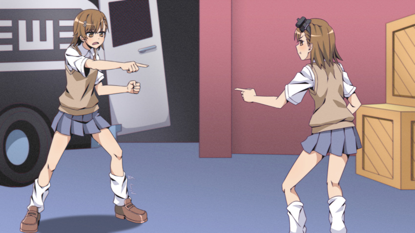 2girls absurdres brown_eyes brown_hair clenched_hand closed_mouth goggles goggles_on_head highres index_finger_raised loafers loose_socks marvel meme misaka_imouto misaka_mikoto multiple_girls outstretched_arm parody pleated_skirt pointing pointing_at_another pointing_spider-man_(meme) pout scene_reference school_uniform shoes short_hair skirt spider-man_(series) sweater_vest tanny_v toaru_kagaku_no_railgun toaru_majutsu_no_index tokiwadai_school_uniform