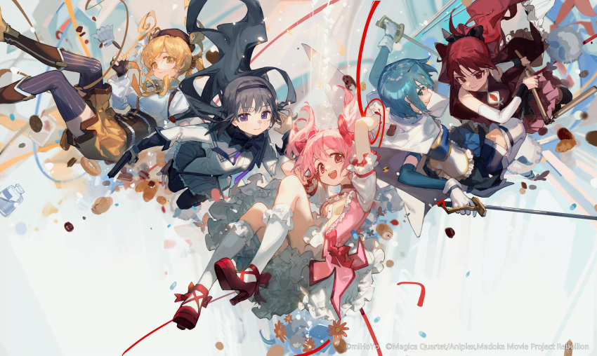 5girls absurdres akemi_homura anthony_(madoka_magica) black_hair blonde_hair blue_eyes blue_hair ciloranko dress drill_hair flower food frilled_dress frills hat highres holding holding_weapon kaname_madoka long_hair magical_girl mahou_shoujo_madoka_magica midair miki_sayaka multiple_girls pink_hair ponytail redhead ribbon sakura_kyouko short_hair skirt smile sweets thigh-highs tomoe_mami twin_drills twintails violet_eyes weapon