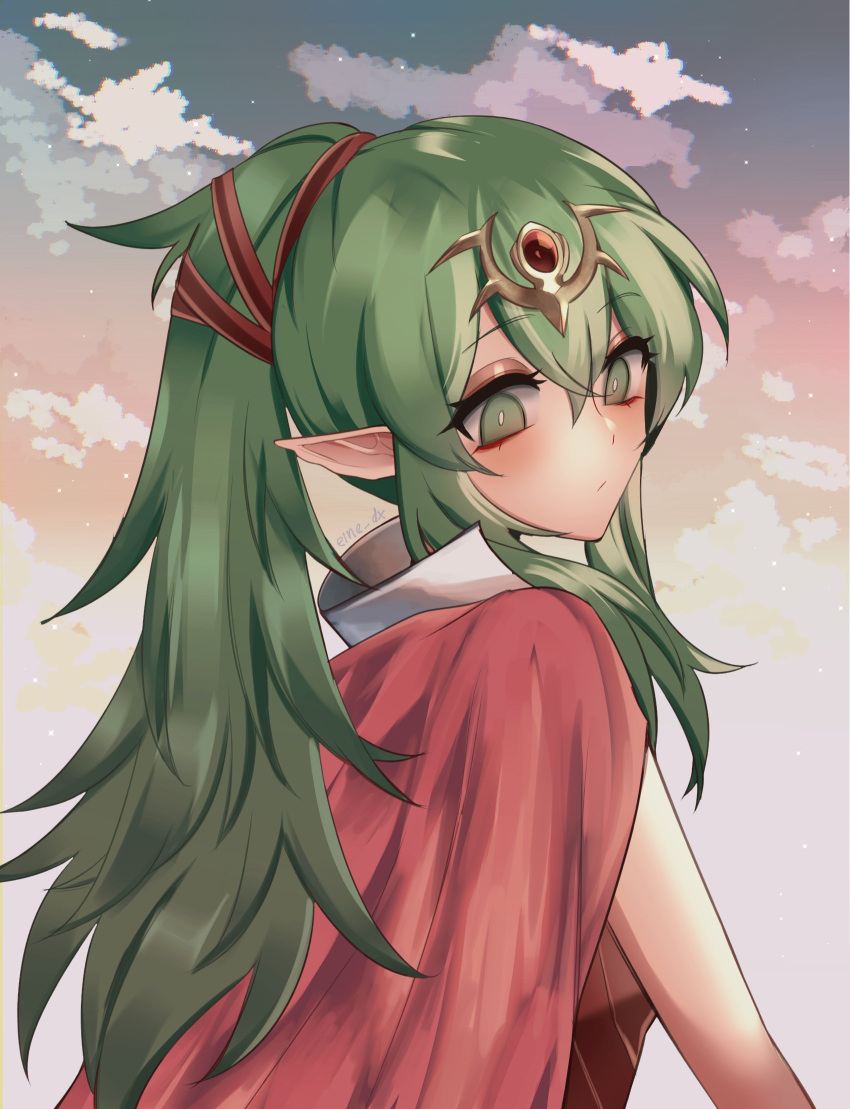 1girl blush cape clouds cloudy_sky dress eine_(eine_dx) eyebrows_visible_through_hair fire_emblem fire_emblem_awakening green_eyes green_hair hair_ornament highres long_hair looking_at_viewer looking_back outdoors pointy_ears ponytail red_dress sky solo sunrise tiara tiki_(fire_emblem) upper_body