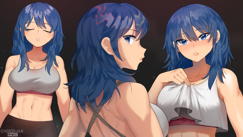 1girl abs artist_name back blue_eyes blue_hair breasts byleth_(fire_emblem) byleth_eisner_(female) chocojax closed_eyes commentary english_commentary eyebrows_visible_through_hair fire_emblem fire_emblem:_three_houses hair_between_eyes highres large_breasts looking_at_viewer medium_hair navel parted_lips patreon_logo solo sports_bra sweat teeth twitch_logo twitter_logo upper_body watermark